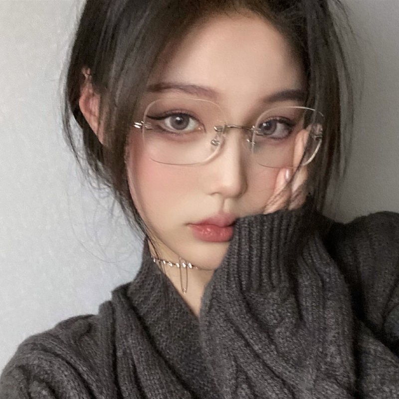 无框近视眼镜框女款可配度数防蓝光大框平光镜显瘦纯欲眼睛框镜架