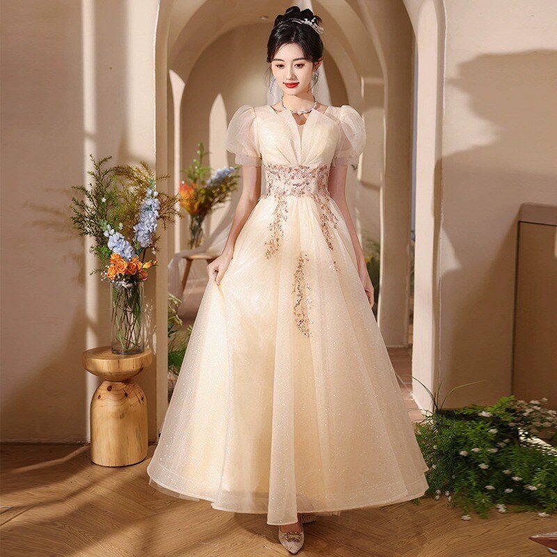 香槟色礼服高端轻奢小众成人礼女生日宴会大码主持人裙钢琴演出服