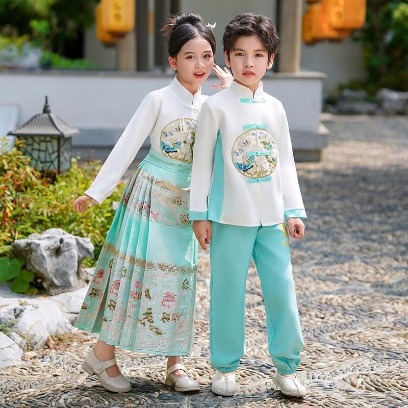 新款大童马面裙国风儿童男孩女童汉服宝宝新中式古风古装套装唐装