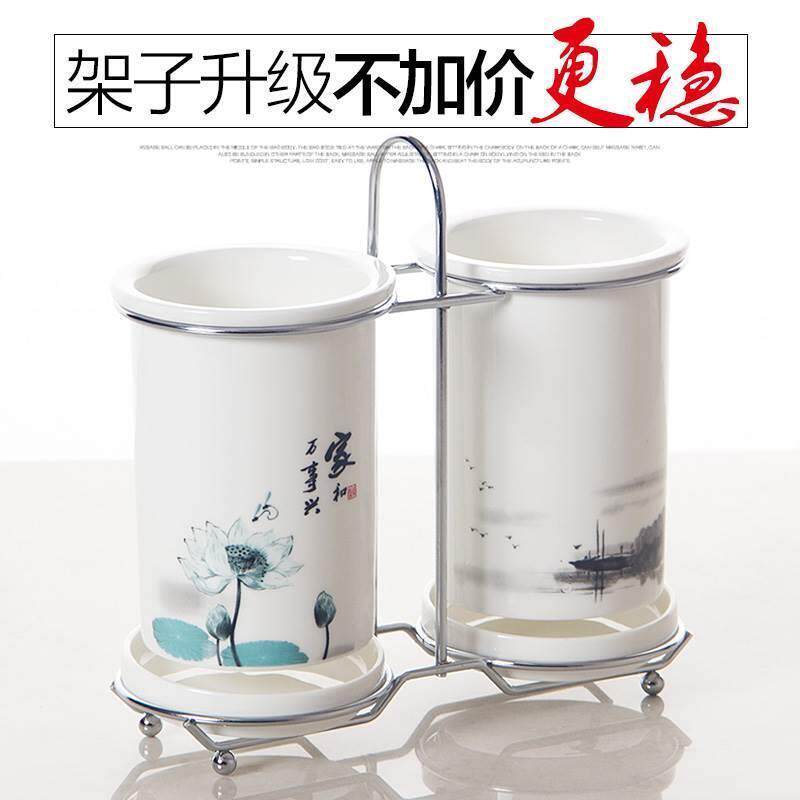 极速筷子筒陶瓷双筒筷笼子沥水创意筷篓韩式厨房筷子勺子收纳层架