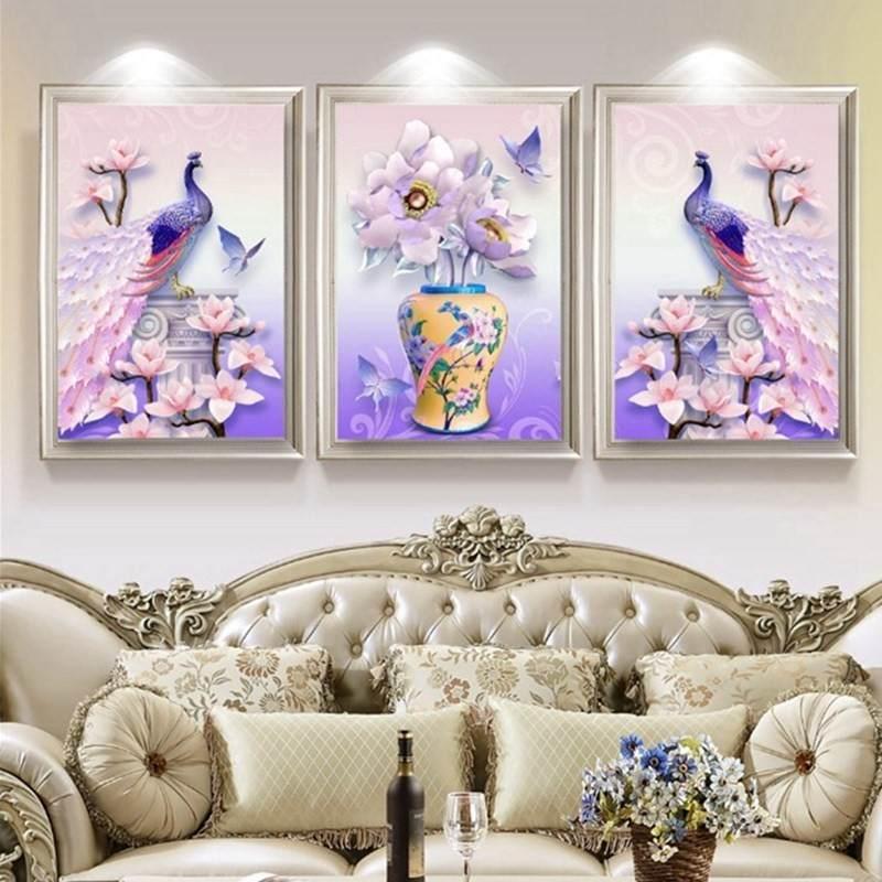 极速孔雀走廊结婚室内三联绣炫彩点贴钻石手作大幅装饰画彩色十字