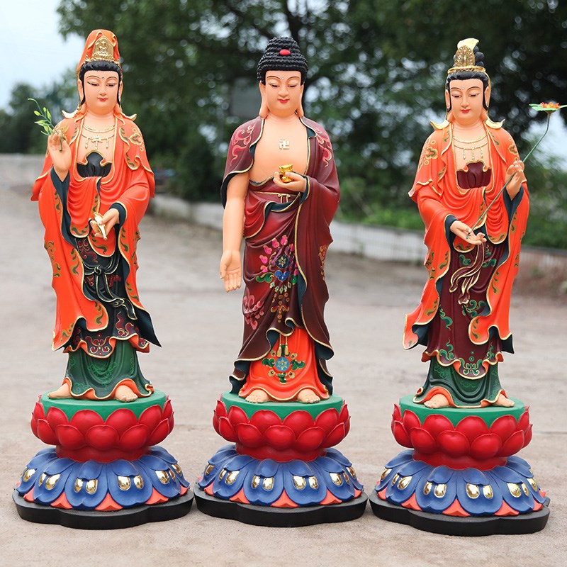 好货供奉寺庙彩绘西方三圣 站西方三圣 1米1带背光观音地藏王佛祖