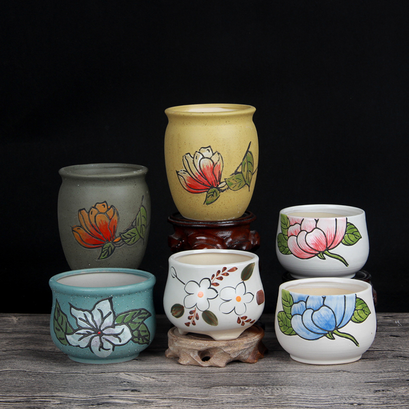 田园陶瓷花盆紫砂花盆大号清新雅致透气粗陶多肉花盆粗陶复古简约