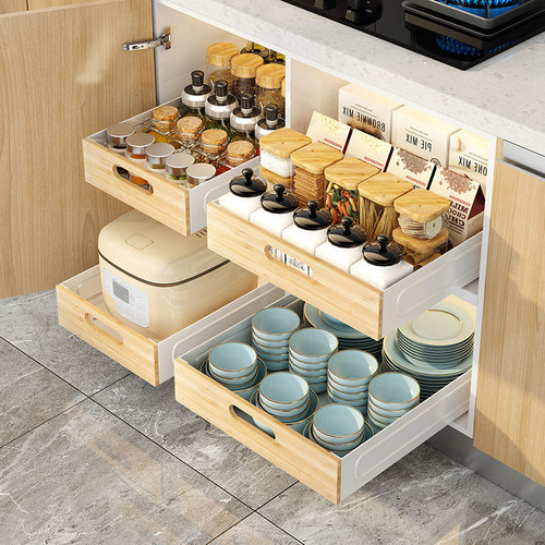 新品新免打孔厨房柜内置物架整体橱F柜拉篮抽屉式收纳盒放碗碟盘