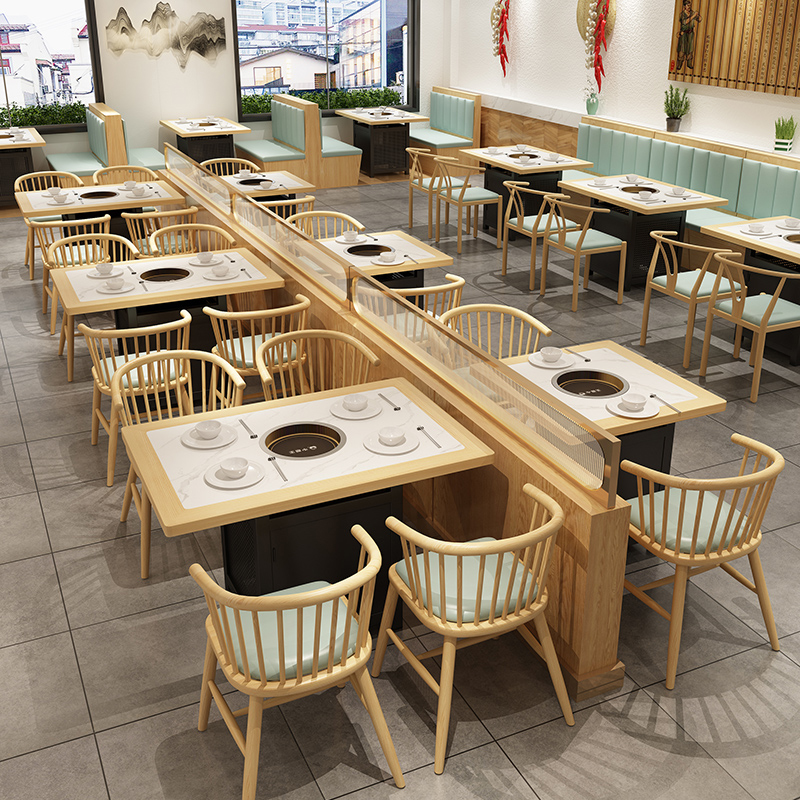 极速实木大理石n火m锅桌子电磁炉一体商用无烟烤肉桌子烤涮串串火