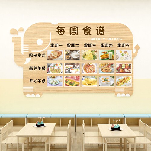 极速幼儿园PgVC木纹印刷小象食谱栏墙贴展示板环创装饰布置公告宣