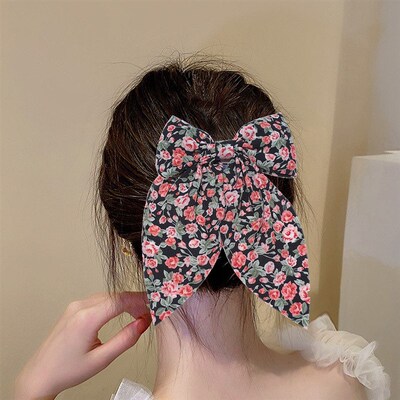新品Fashion Floral Print Bow Ribbon HairK Clip Beautiful Swe