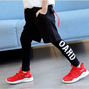 男童假两件裤子薄款儿童运动裤短裤春秋打底裤宝宝嘻哈街舞哈伦裤