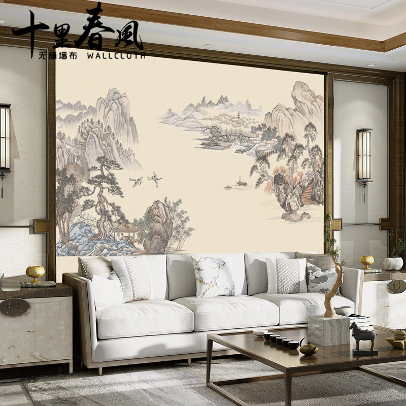 高端刺绣墙布客厅沙发电视背景墙复式玄关圆形山水独秀无缝壁布