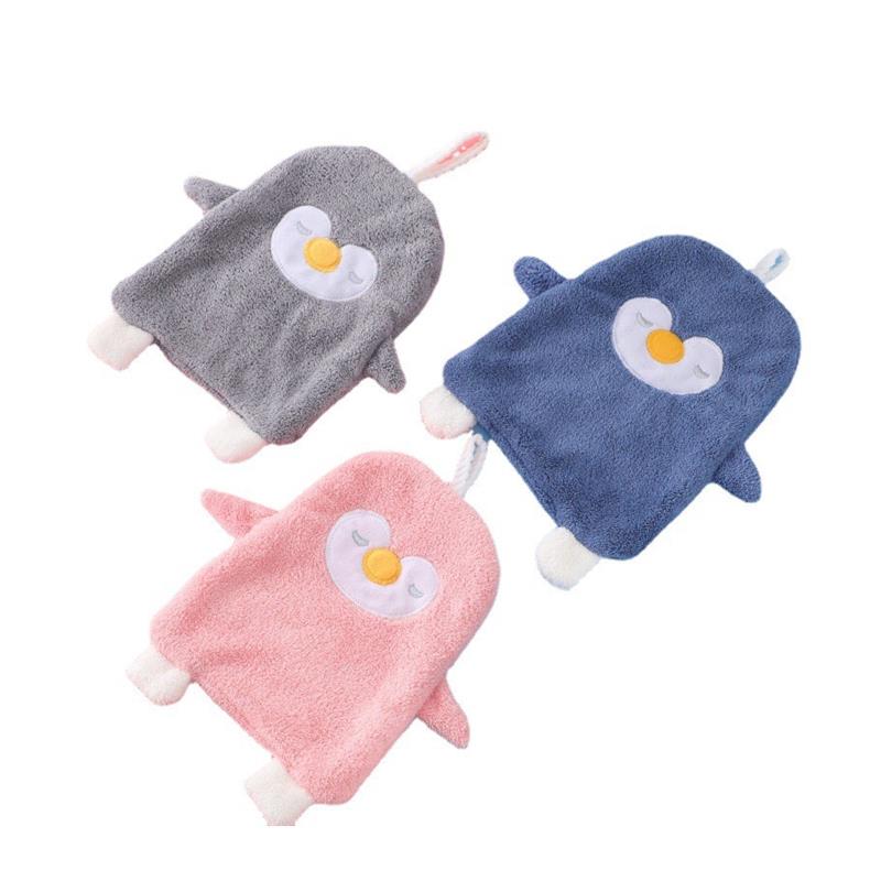 2023新款珊瑚绒擦手巾挂式可爱化妆室毛巾卡通小企鹅儿童擦手洗脸