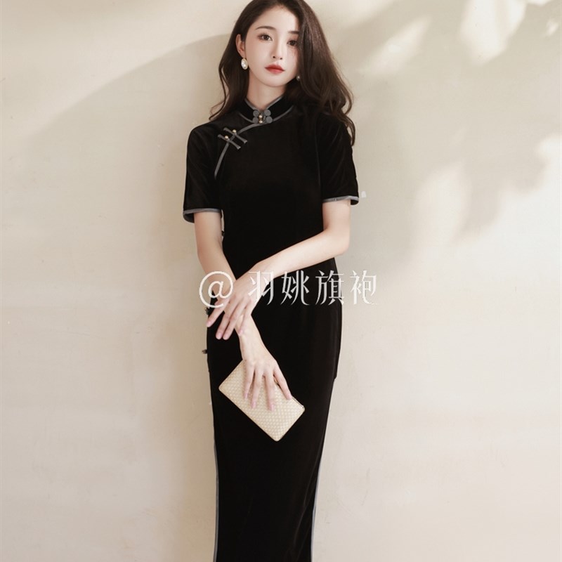好货古法黑色旗袍女民国老上海旧事丝绒简约复古显瘦改良日常走秀
