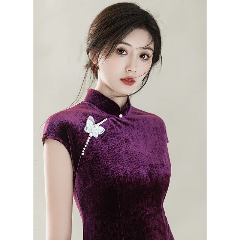好货新中式国风紫色旗袍女老上海传统金丝绒高端优雅气质日常走秀