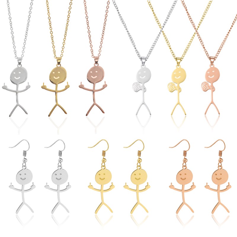 涂鸦小人项链 趣味钛钢火柴人耳环吊坠Funny Doodle Necklace跨境