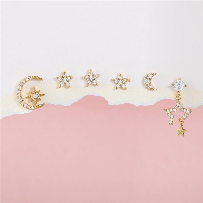 Womens pentagram Moon Earring Set Combination Spring Fashio