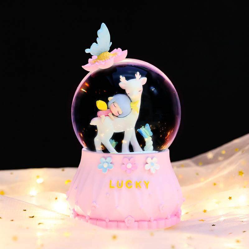 创意一鹿生花少女心创意水晶球音乐八音盒女孩与鹿摆件送女生礼物