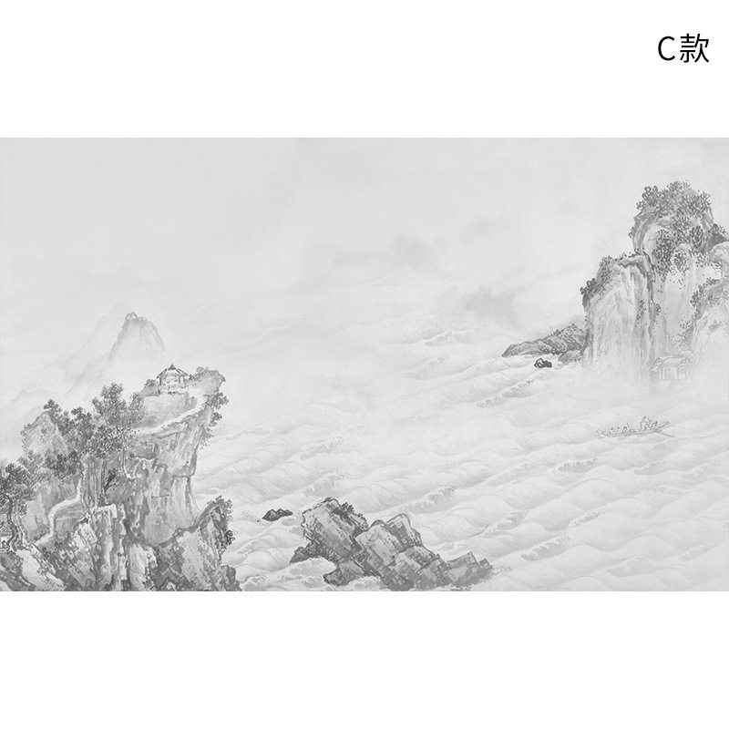 好货新中式电视背景墙壁纸复古意境装饰壁画客厅水墨意境山水墙纸