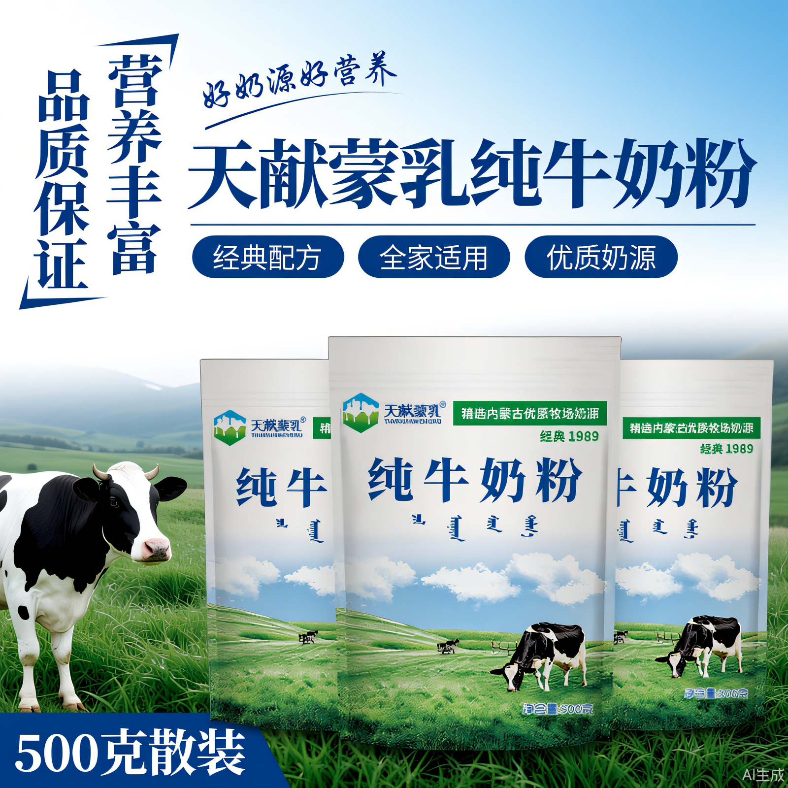 内蒙纯牛奶粉500g全脂无添加无蔗糖烘焙食材料儿童中老年冲饮早餐