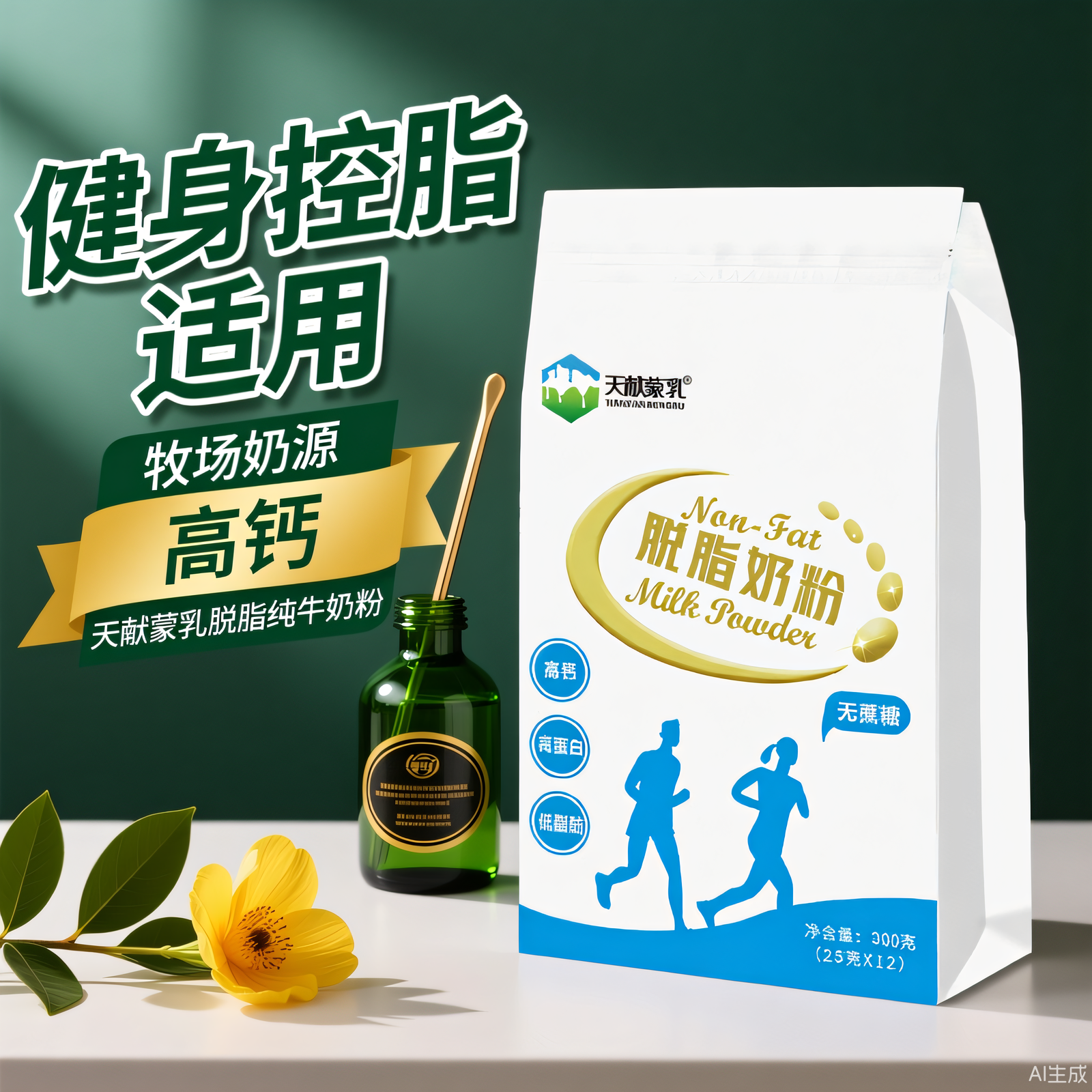 天献蒙乳脱脂奶粉300克高钙高蛋白无蔗糖低脂健身营养健康早餐