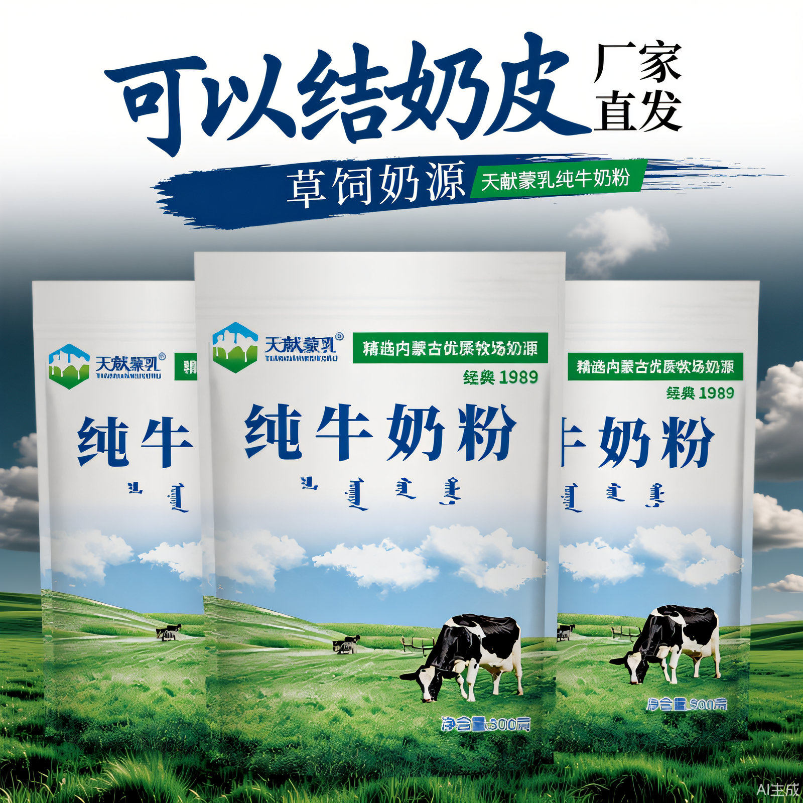 内蒙纯牛奶粉500g全脂无添加无蔗糖烘焙食材料儿童中老年冲饮早餐