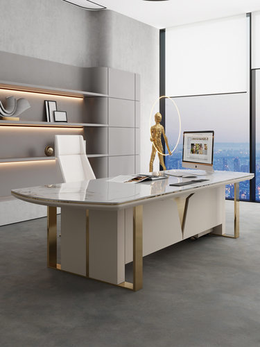 轻奢白色岩板客厅大书桌工作台家用长条现代小户型简约北欧设计感