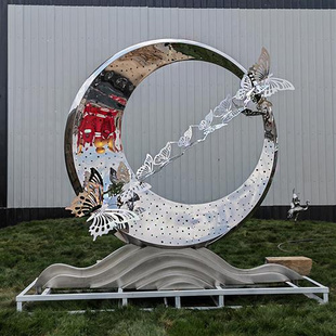 不锈钢雕塑户外发光月亮景观镜面摆件大型金属圆环雕塑定制