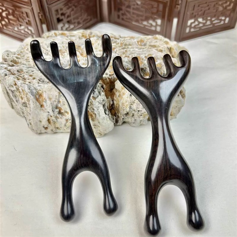 沉水级紫光檀木两用小耙子头疗面部E通经络刮痧鹿角按摩梳五爪疏