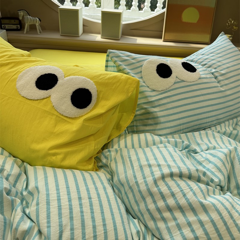 韩系多巴胺大眼睛条纹蓝配柠檬黄四件套水洗棉全棉P1.5m1.8被套三