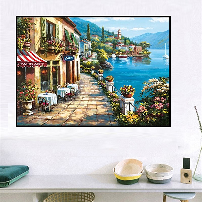欧式钻石画2024年新款海边地中海风景5dL点贴钻十字绣客厅餐厅满