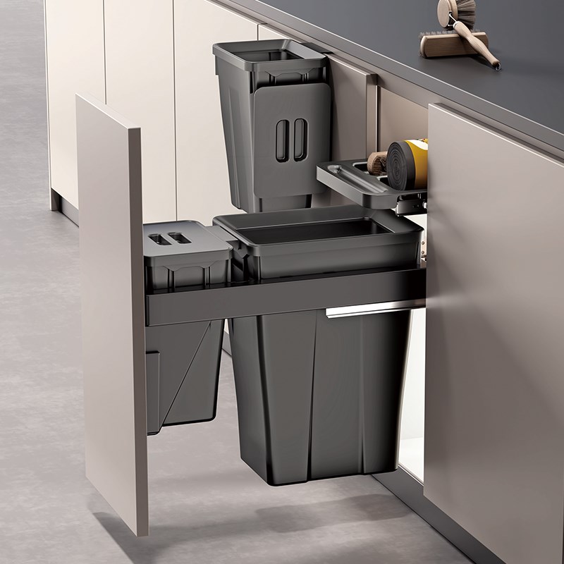 厨房嵌入式垃圾桶橱柜内厨余双桶分类家用带盖抽V拉篮吧台垃圾桶