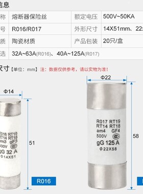 SEISO陶瓷熔芯保险丝管R01614*51熔断器芯17RT1820A25A32A40A22