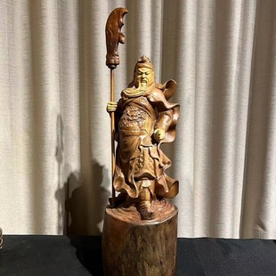 香樟木关公摆件家用m客厅办公室武财神关二爷公司店铺木雕神像关