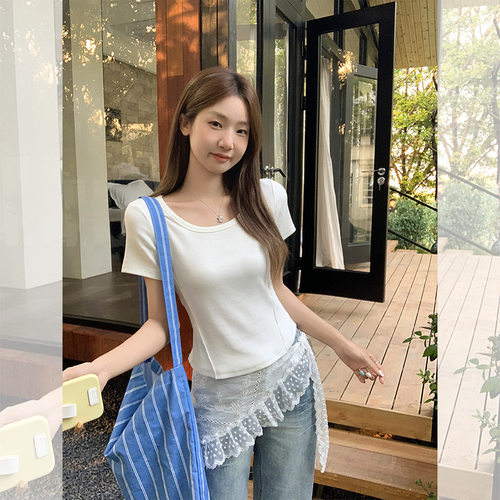 白色U领正肩短袖T恤女纯棉薄款