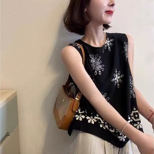 无袖 亚麻刺绣设计感吊带背心女夏内搭宽松防走光时尚 圆领外穿上衣