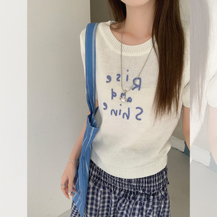 圆领针织撞色字母刺绣短袖T恤女2026新款设计感宽松百搭气质上衣