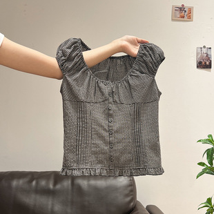 夏收腰设计感小众宽松短袖 纯棉格子圆领抽褶小飞袖 T恤女2025新款