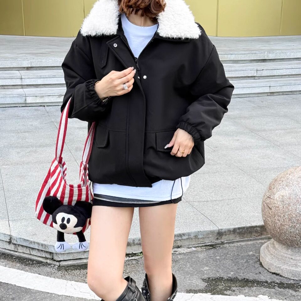 韩版翻领羊羔毛派克服外套女2026新款加厚宽松小个子保暖工装棉服
