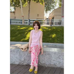 夏季简约气质洋气无袖棉绸上衣女士裙子套装显瘦人造棉背心两件套