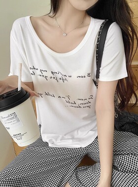 慵懒低领印花宽松短袖T恤女白色胖mm大码遮肉时尚减龄不规则上衣