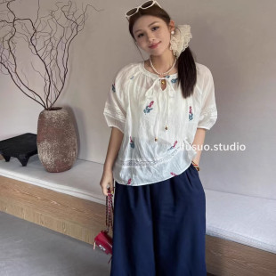 百搭上衣薄 镂空设计感短袖 亚麻圆领系带刺绣泡泡袖 T恤女2025新款