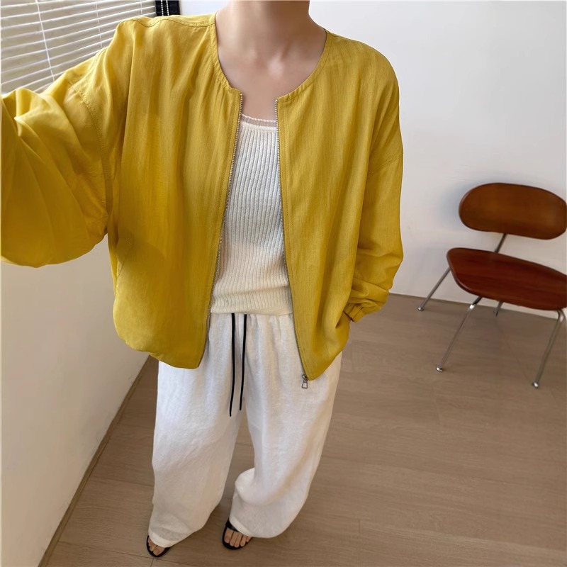 圆领薄款亚麻防晒衣外套女透气2025新款宽松百搭短款防晒服设计感