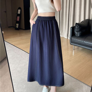 复古宽松插兜韩系伞裙女中长款夏学院风半身裙牛仔长裙高腰a字裙