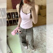 露背无袖 蝴蝶结方领粉色小吊带背心女2025新款 修身 防走光上衣百搭