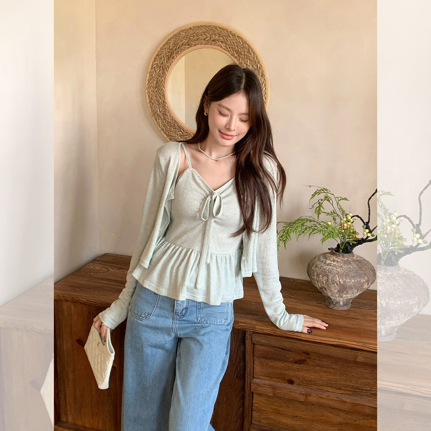 早秋绿色防晒针织开衫T恤女外穿宽松设计感罩衫配吊带背心两件套,女装/女士精品,T恤,淘宝优惠券,粉丝福利购,淘宝优惠卷