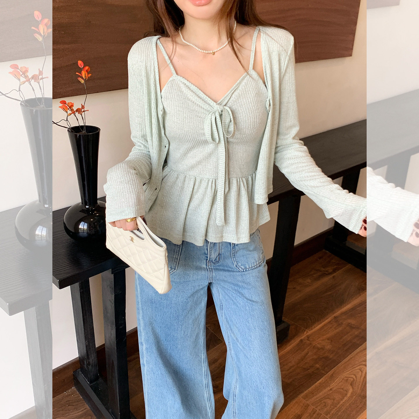 早秋绿色针织纽扣开衫女2025新款外穿洋气长袖T恤蝴蝶结吊带背心,女装/女士精品,T恤,淘宝优惠券,粉丝福利购,淘宝优惠卷