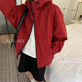 美式连帽抽绳冲锋衣女2025春秋新款宽松百搭休闲户外防风短外套潮