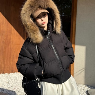 连帽貉子毛领羽绒服女短款 保暖外套 白鸭绒小个子加厚烫钻秋冬新款