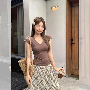 薄 韩系天丝U领正肩修身 短袖 T恤女基础款 显瘦收腰百搭上衣2025新款