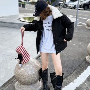 羊羔毛翻领派克羽绒服女加厚宽松时尚棉服外套立领工装设计感上衣