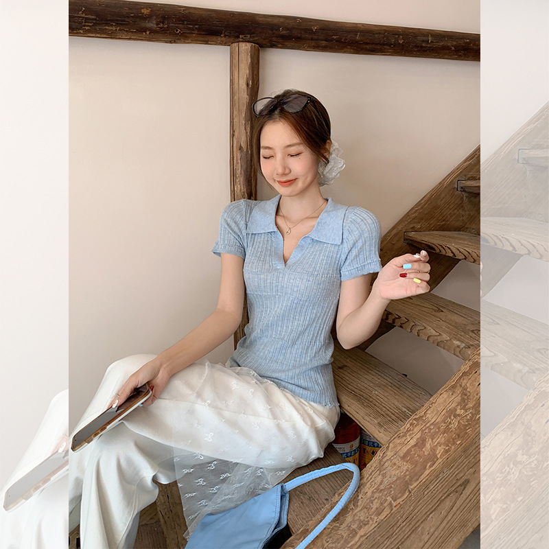 针织polo领正肩修身短袖t恤女薄