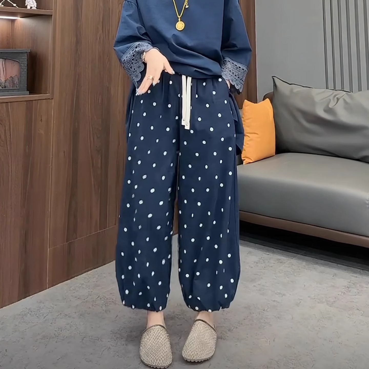 亚麻波点阔腿裤女2025新款胖mm遮肉九分休闲裤高腰显瘦薄款灯笼裤